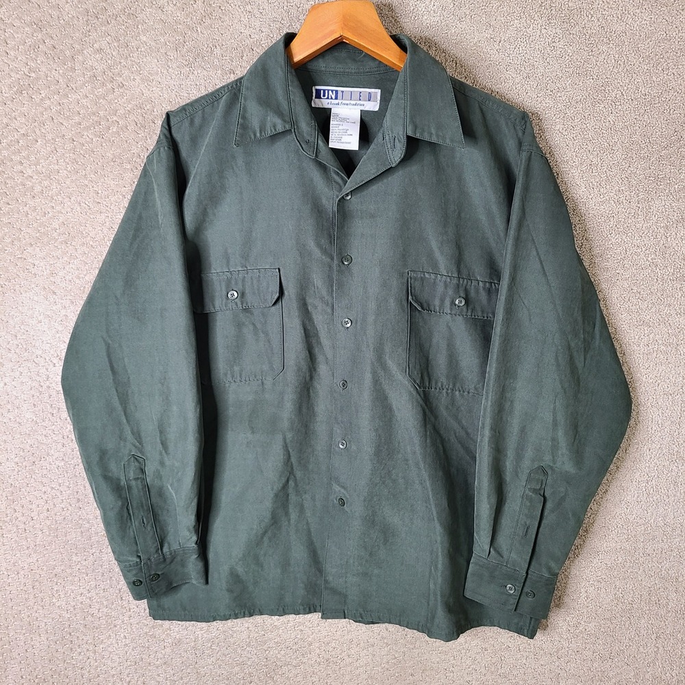 Vintage Untied Shirt Men L Green Button Up Sueded Polyester Long Sleeve Workwear